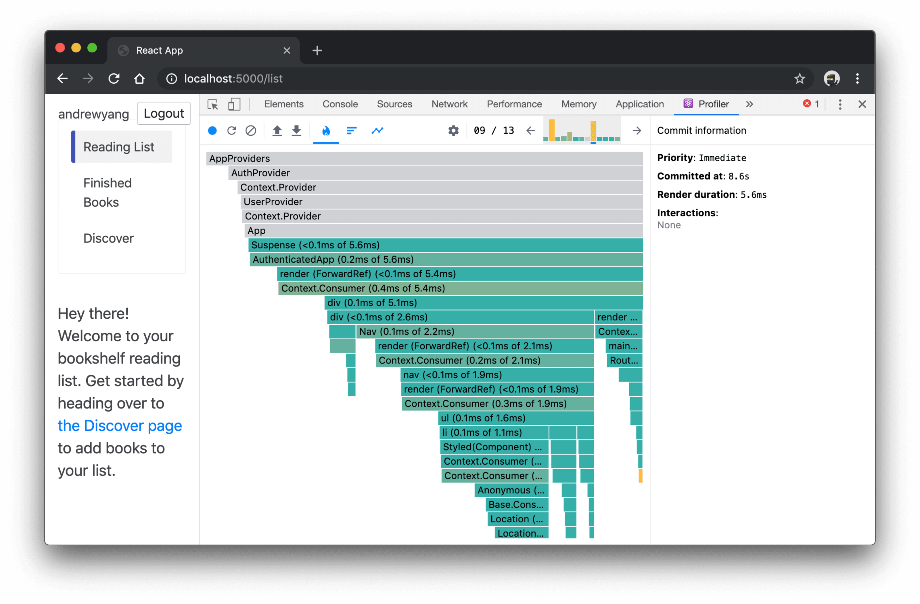 React DevTools Profile tab showing flamegraph
