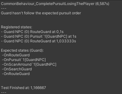 A guard NPC fails to follow the expected pursuit sequence during an automated test.