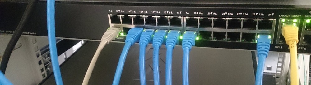 RJ-45 Ethernet ports on an unmanaged switch, some with patch cables plugged in and link lights lit, others empty