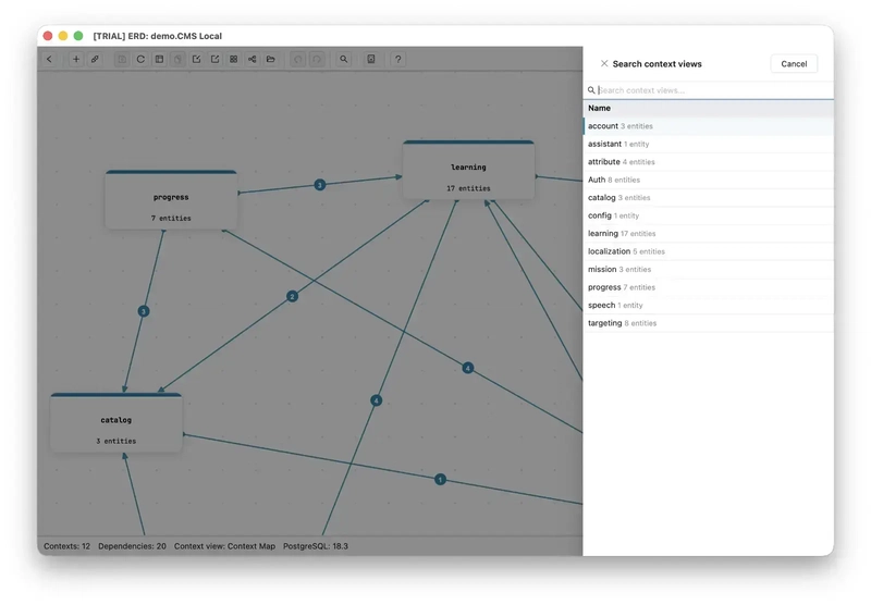 The context search panel open over the Context Map, listing each context with its entity count