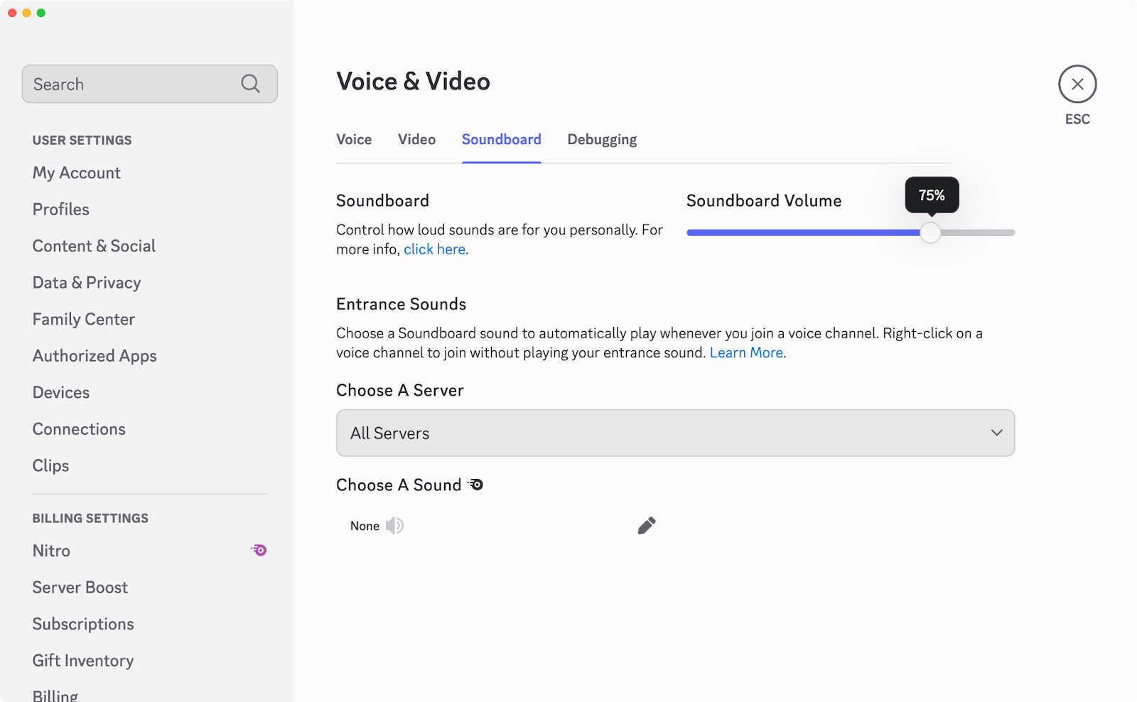 The Soundboard volume option in User Settings.