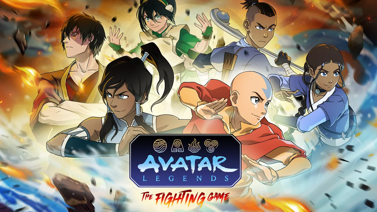 Avatar characters Aang, Korra, Toph, Zuko, Sokka, and Katara all strike a pose.