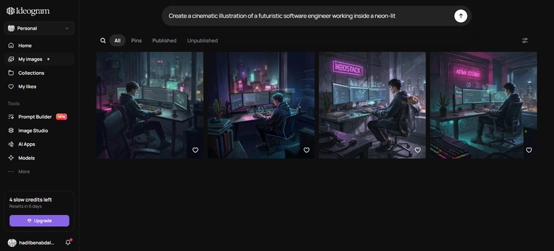 Ideogram AI generating a cinematic concept art illustration of a futuristic software engineer with holographic displays, realistic lighting, multiple monitors, and a commercial-quality cyberpunk environment