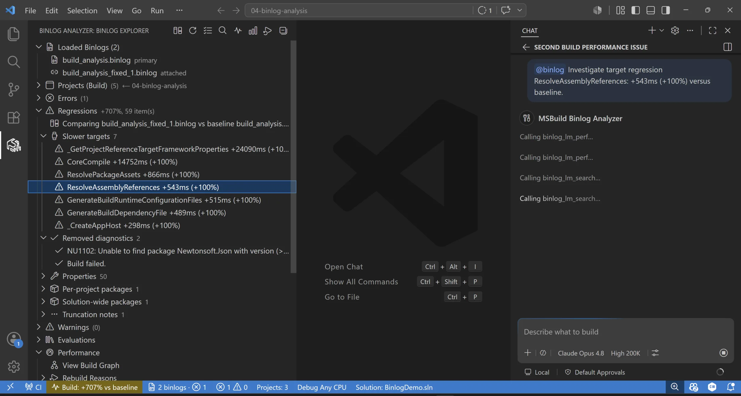 The Regressions node lists slower targets like CoreCompile while @binlog investigates one target regression.