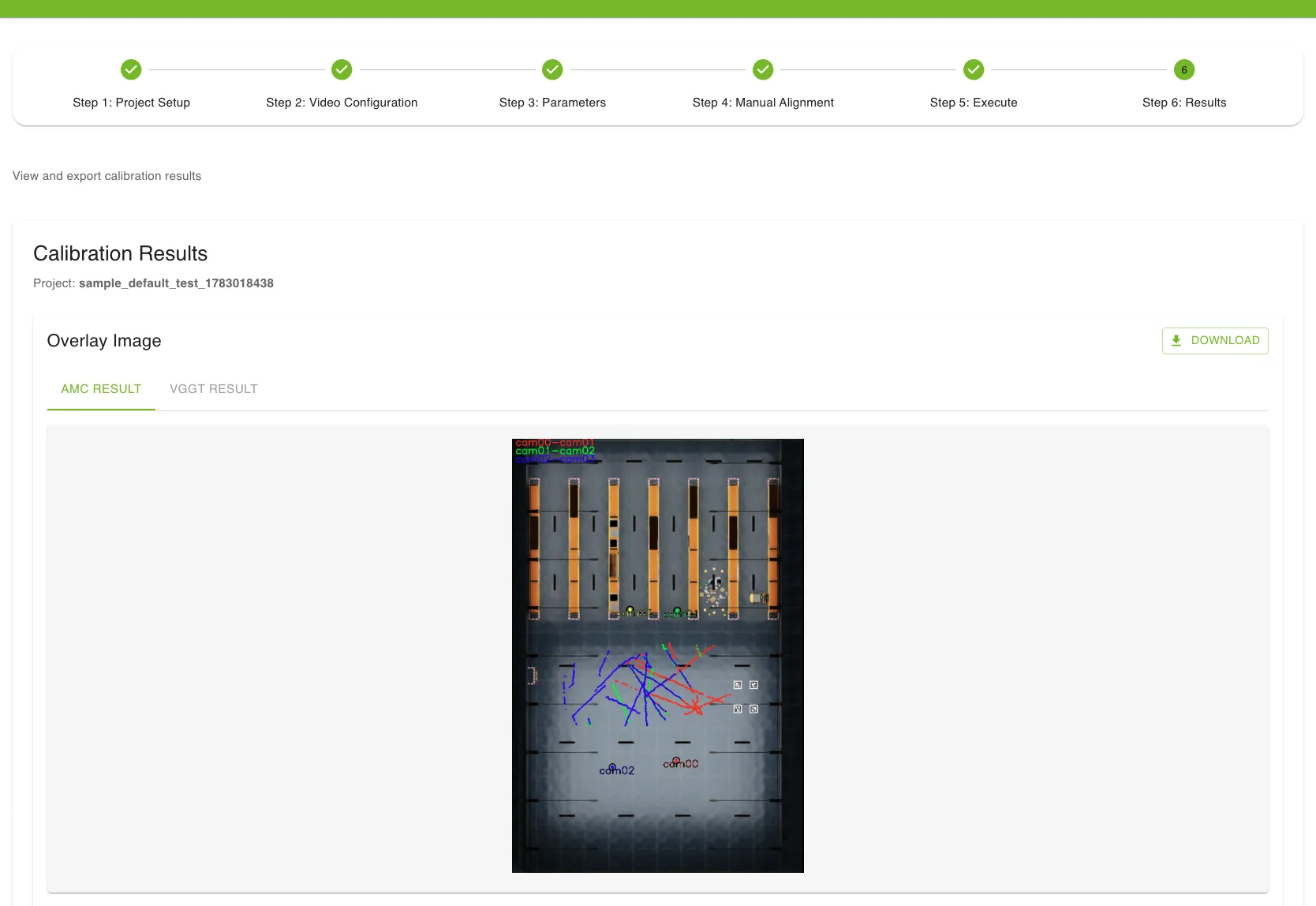 Screenshot of the AutoMagicCalib results page with object trajectories displayed on a BEV map after camera calibration.