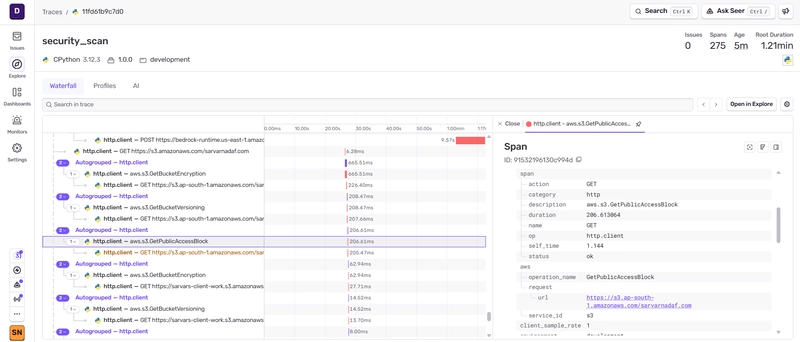 Sentry transaction overview showing clean 57s pipeline with no retries