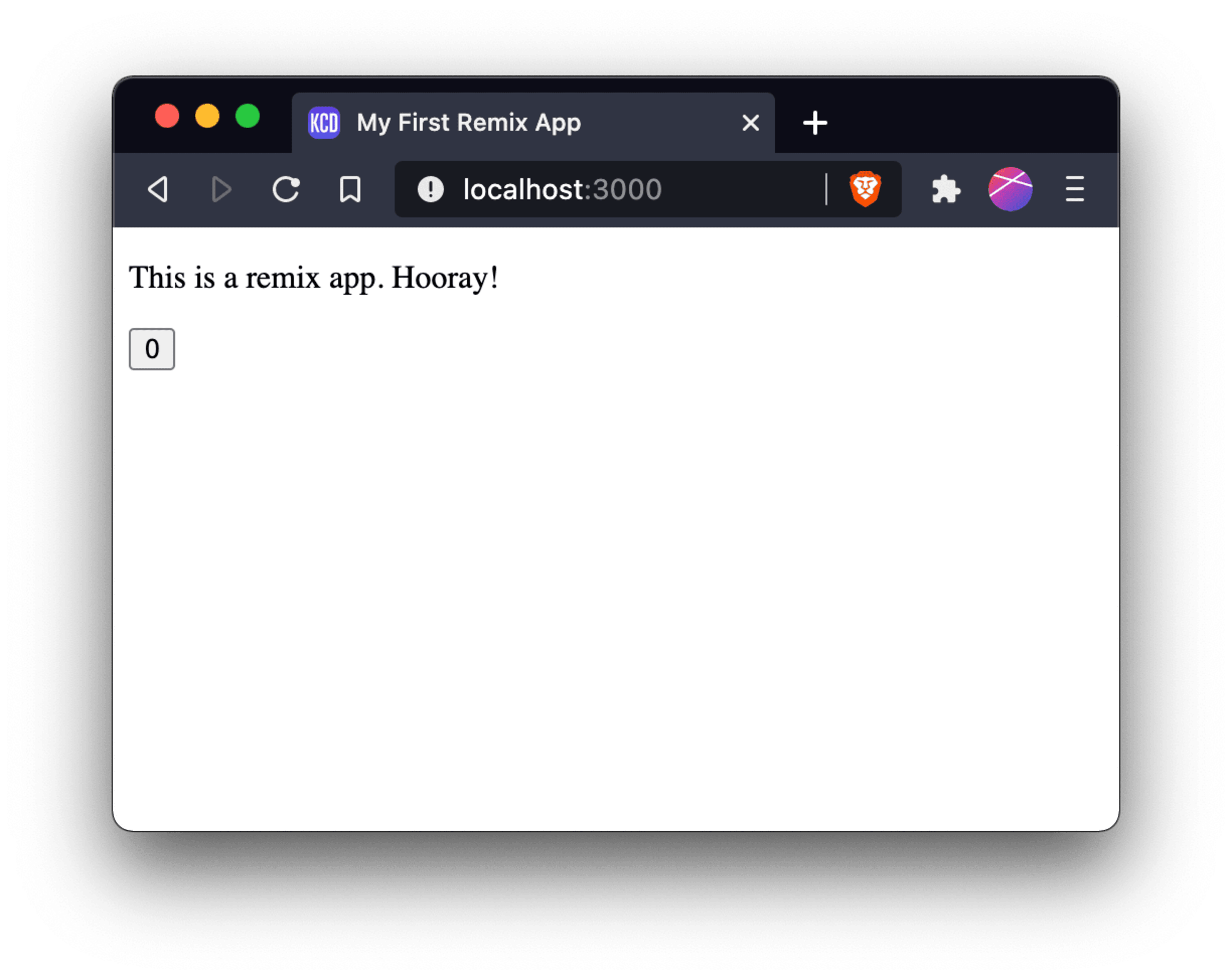 Browser window with the text "This is a remix app. Hooray!"" And a button with the number 0 in it