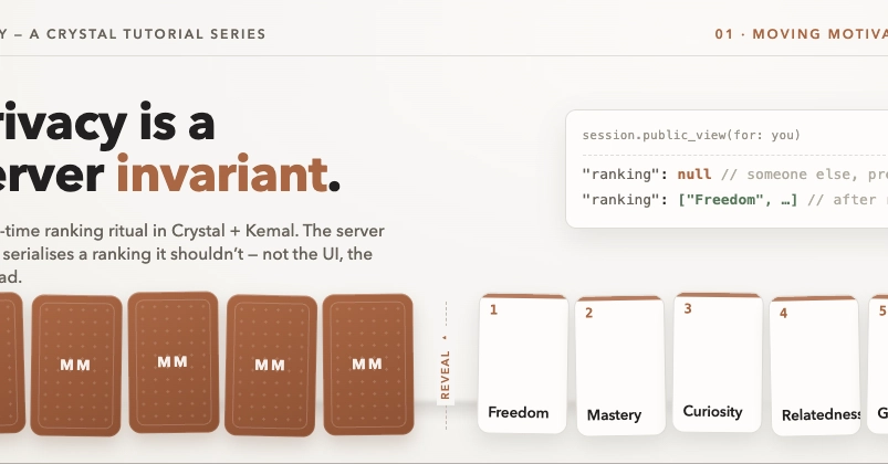 Building a real-time Crystal app with Kemal — where privacy is a server invariant
