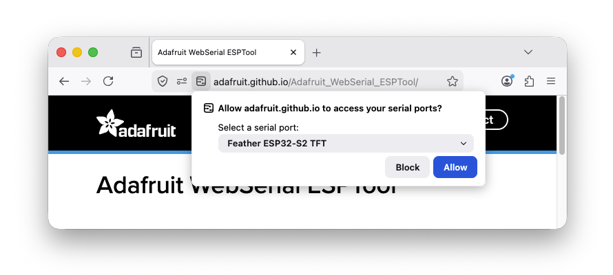 A screenshot of the Web Serial port selection prompt in Firefox.
