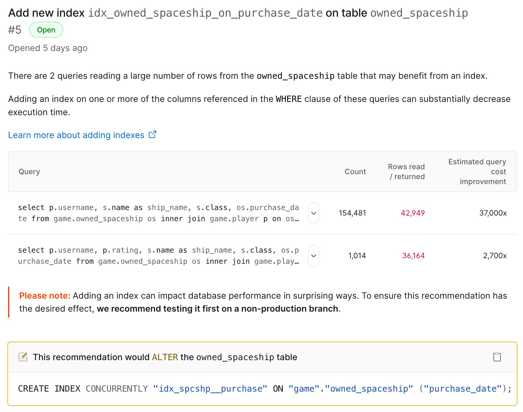 Postgres new index recommendation