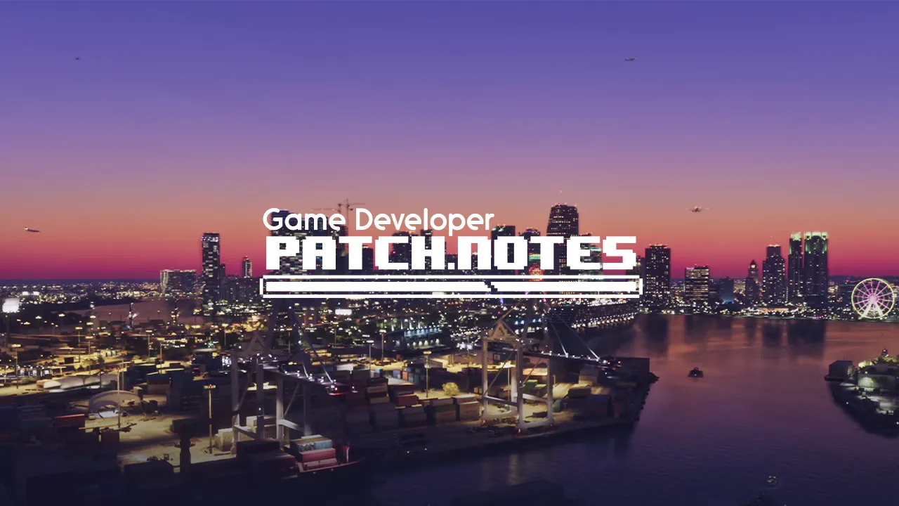 The Patch Notes logo overlaid on an image of Vice City as seen in GTA VI