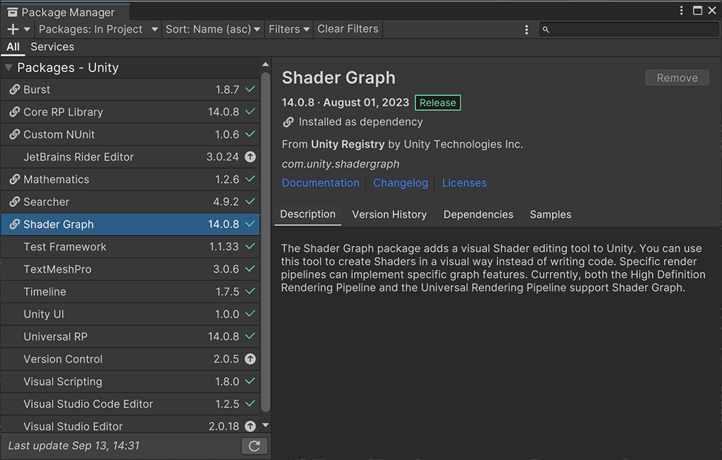 Shader Graph selected in the Package Manage