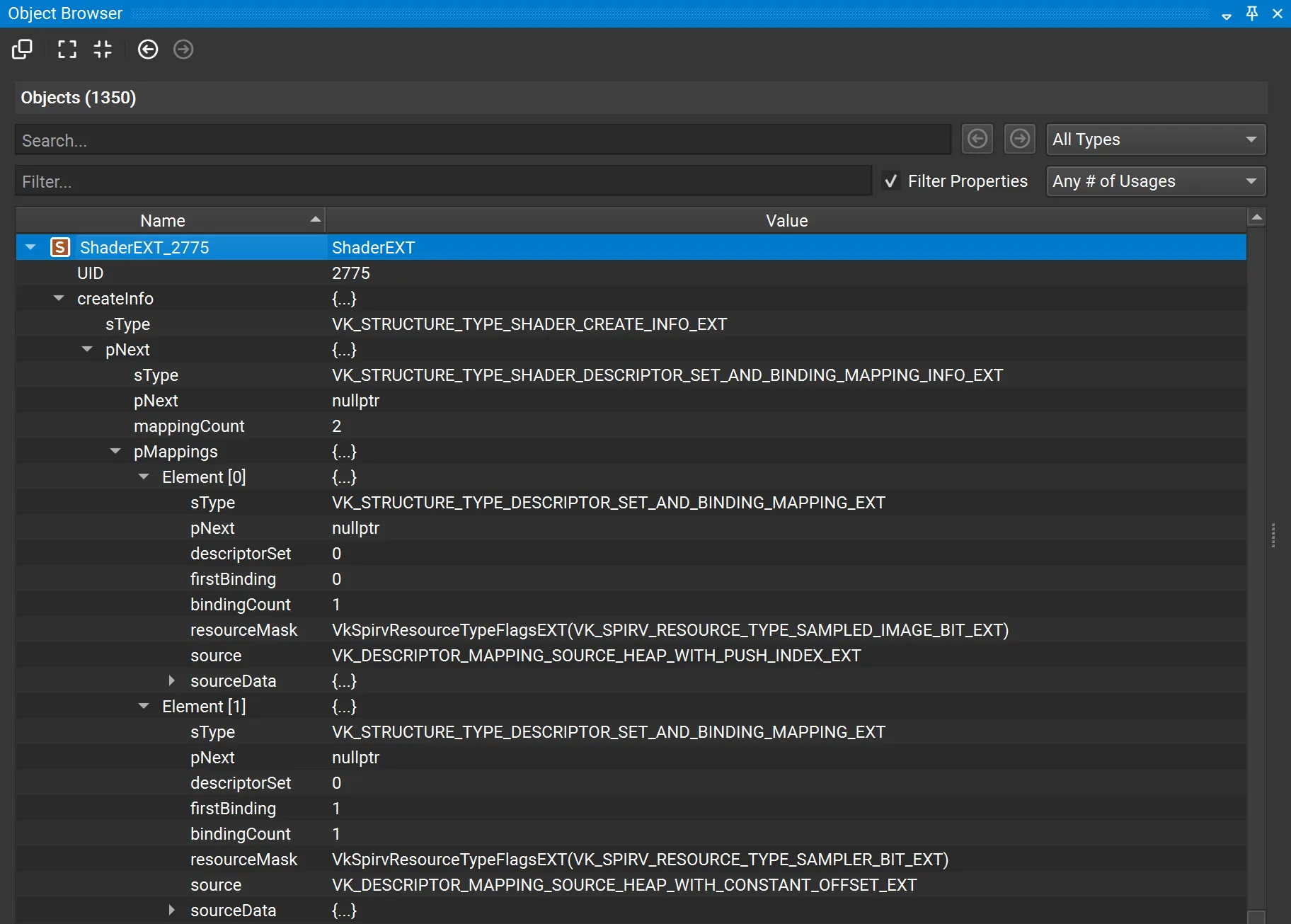 Screenshot of Nsight Graphics Object Browser window inspecting a VkShaderExt create info and its descriptor heap mappings.