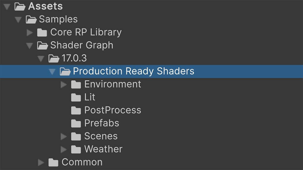 Project window showing where to find the Production Ready Shaders sample