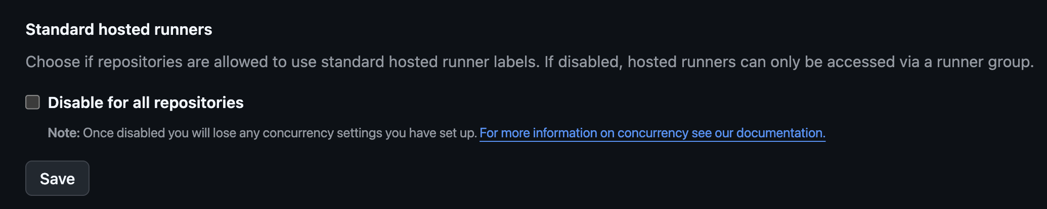 Text on a black background that shows the new Standard hosted runner setting. There's a checkbox under it for Disable for all repositories