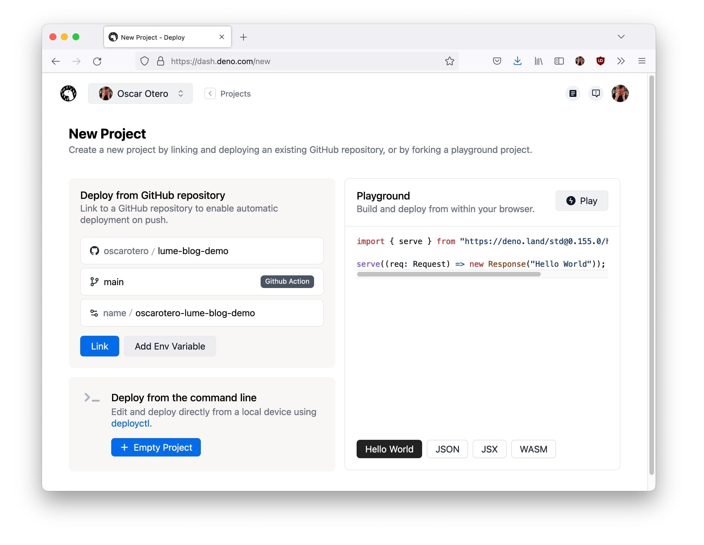 Create a new project in Deno Deploy