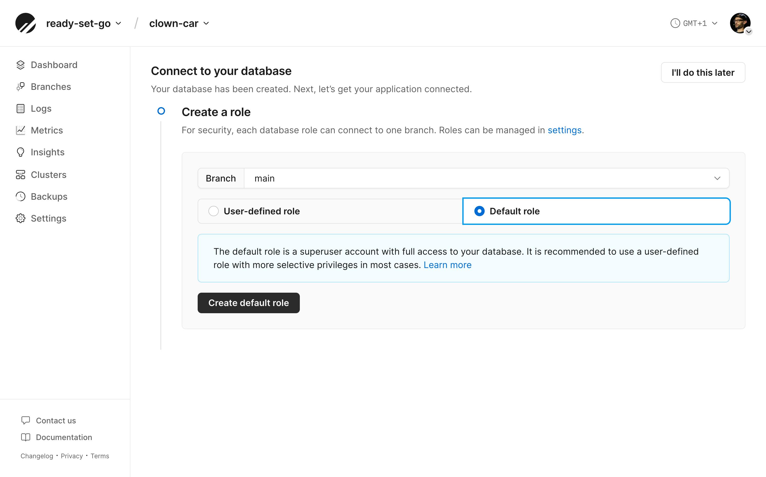 Creating the default role in the PlanetScale dashboard