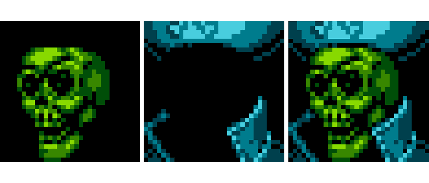 The Ghost Pirate’s portrait also uses sprite layering in order to give it a greater depth. His green skull is being rendered on screen as a sprite, while his collar and hat are being rendered as part of the background. This allows the artist to use more colors within a 16x16 area to totally circumvent the Attribute Table limitation.