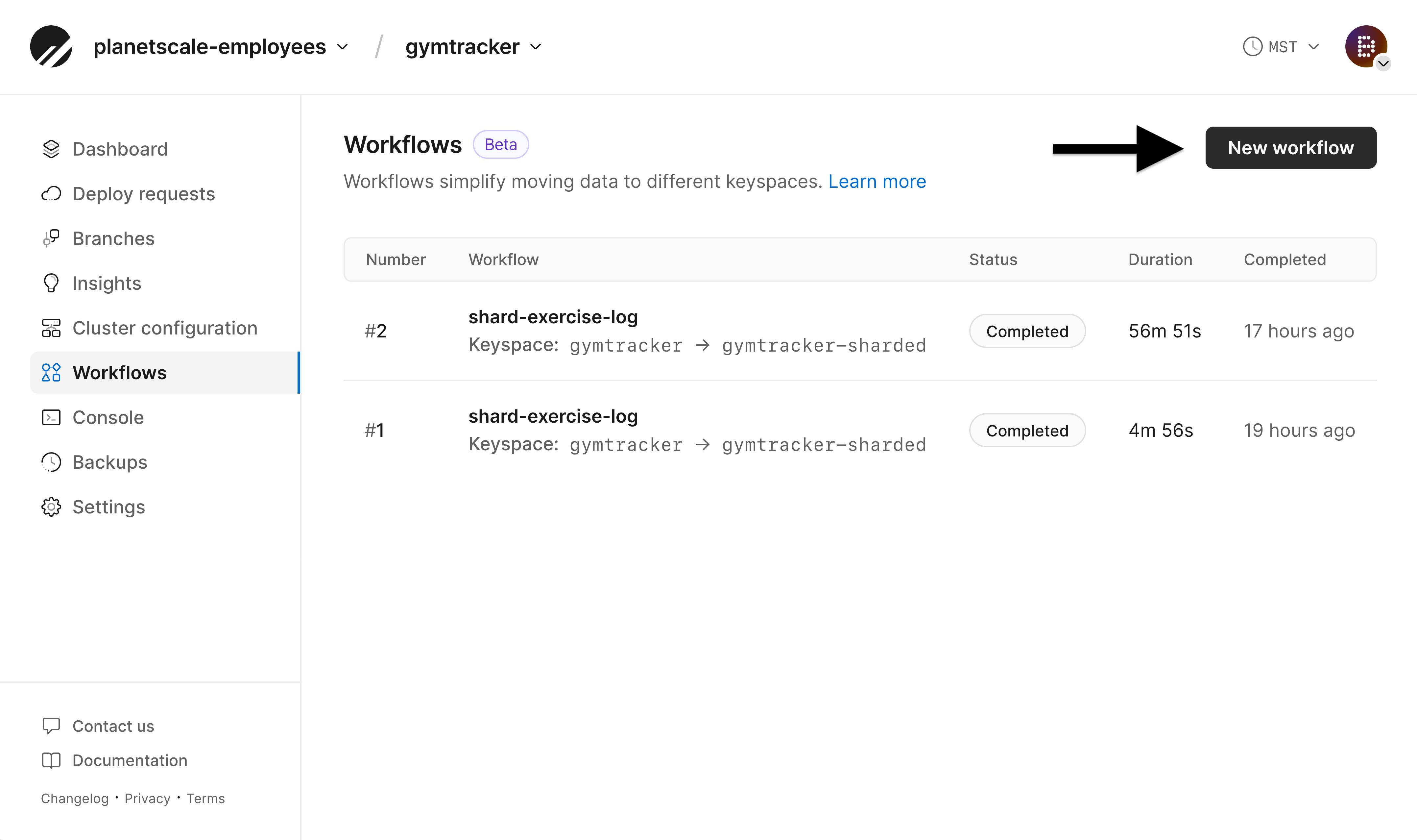 Workflows section of a PlanetScale database