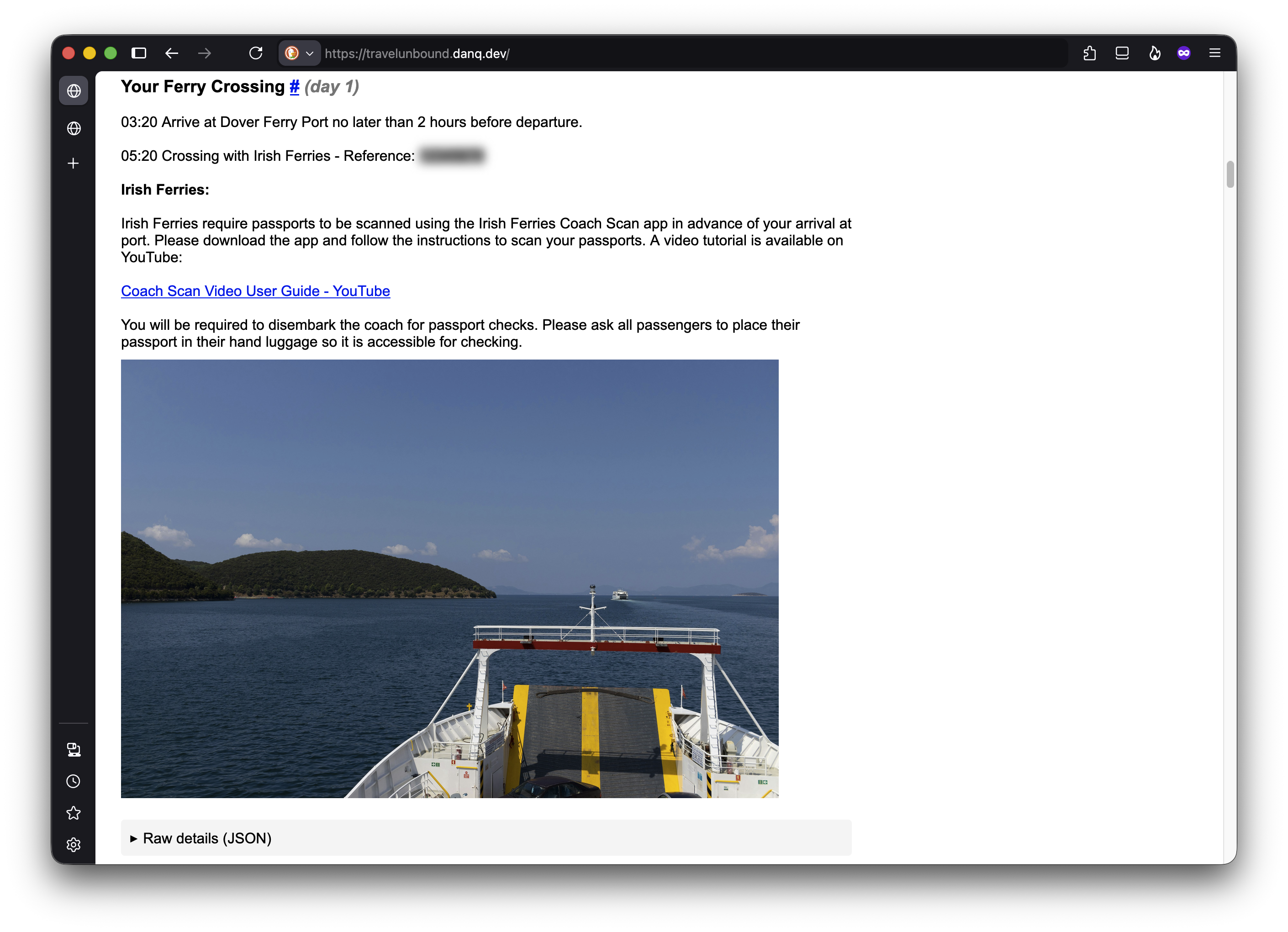 Screenshot of a simply-styled web page showing the same information about the ferry, along with a photo from its deck.