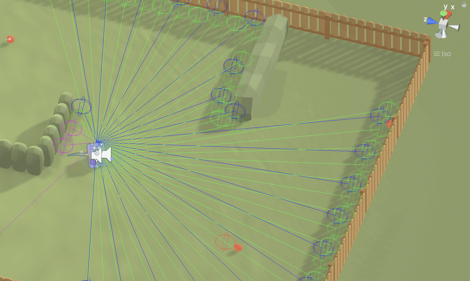 Image showcasing a ML-Agent noting all visible world surroundings using raycasts