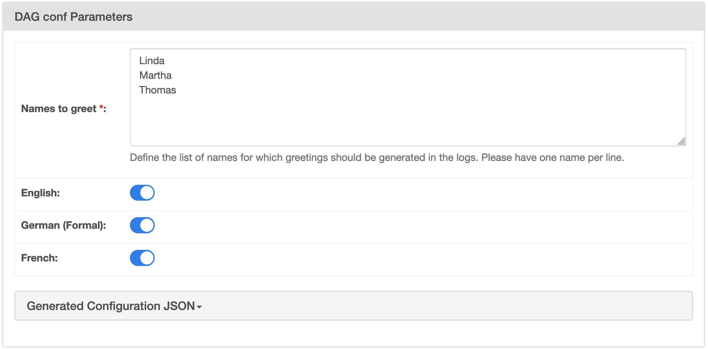 Form shown for params in UI when triggering a DAG