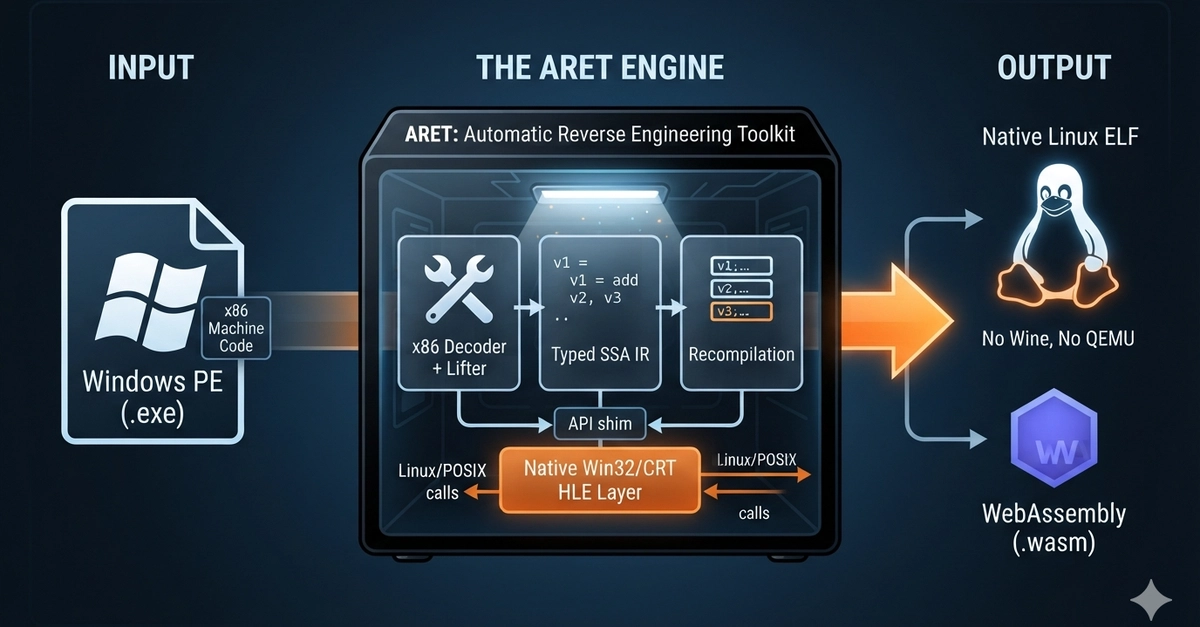 ARET translates legacy Windows x86 binaries to native Linux executables