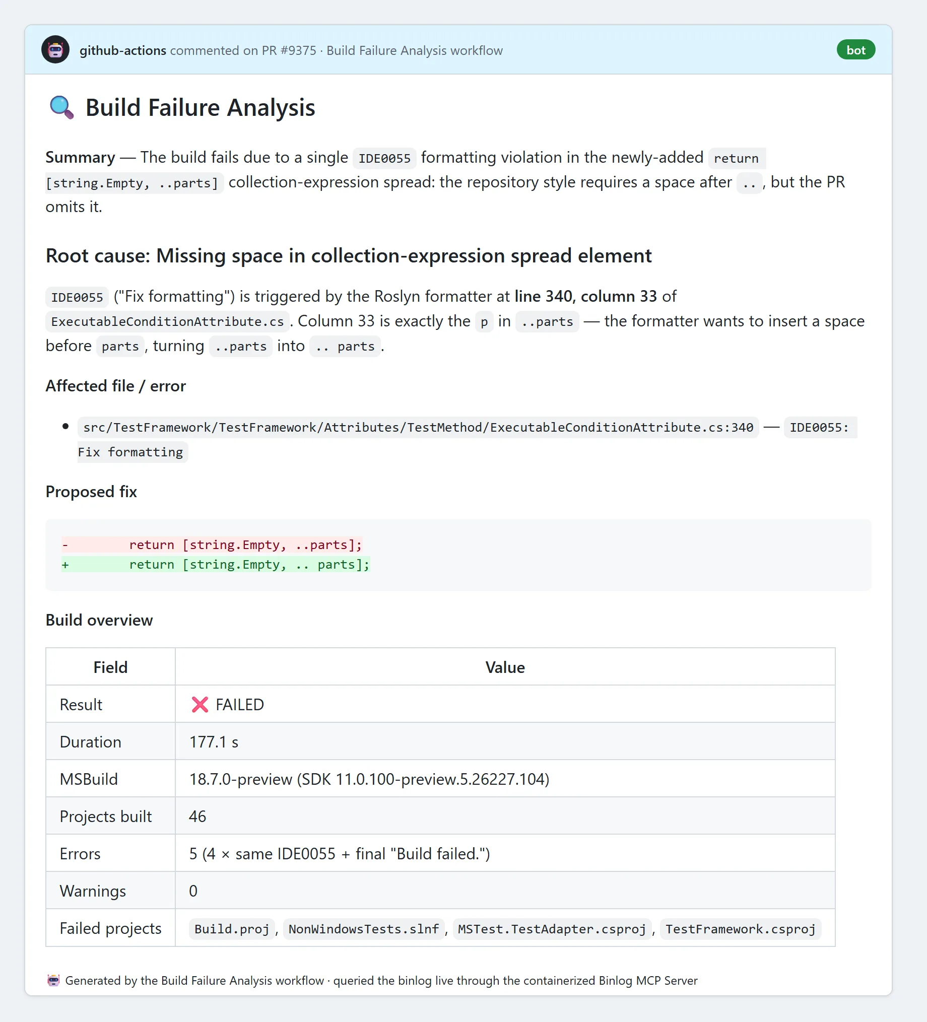 Real Build Failure Analysis comment posted by the workflow on a microsoft/testfx pull request