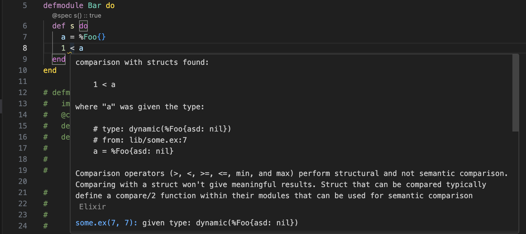 Example of a type warning inline in an editor