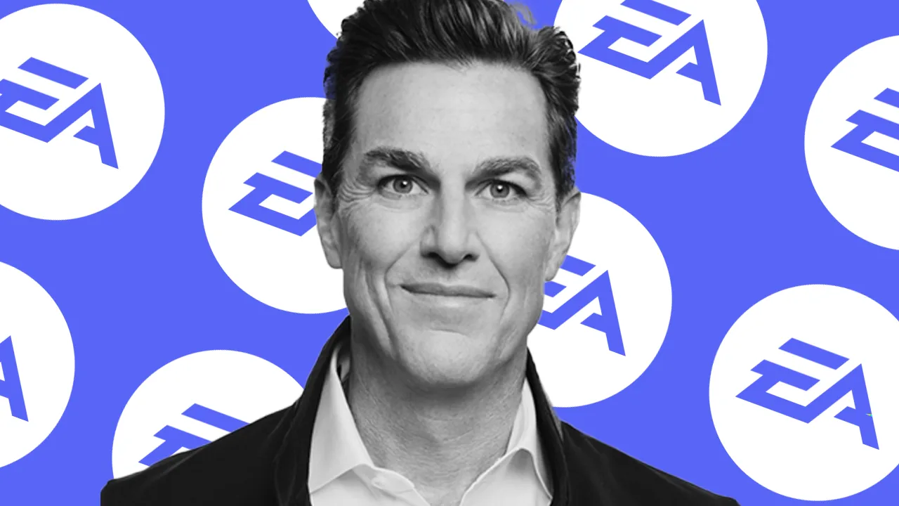 A headshot of Andrew Wilson overlaid on a background featuring the EA logo