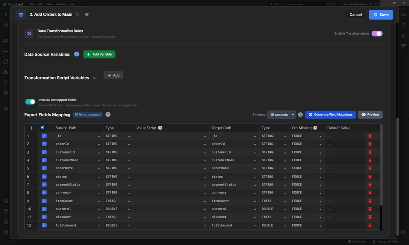 VisuaLeaf field mappings for a MongoDB copy job.