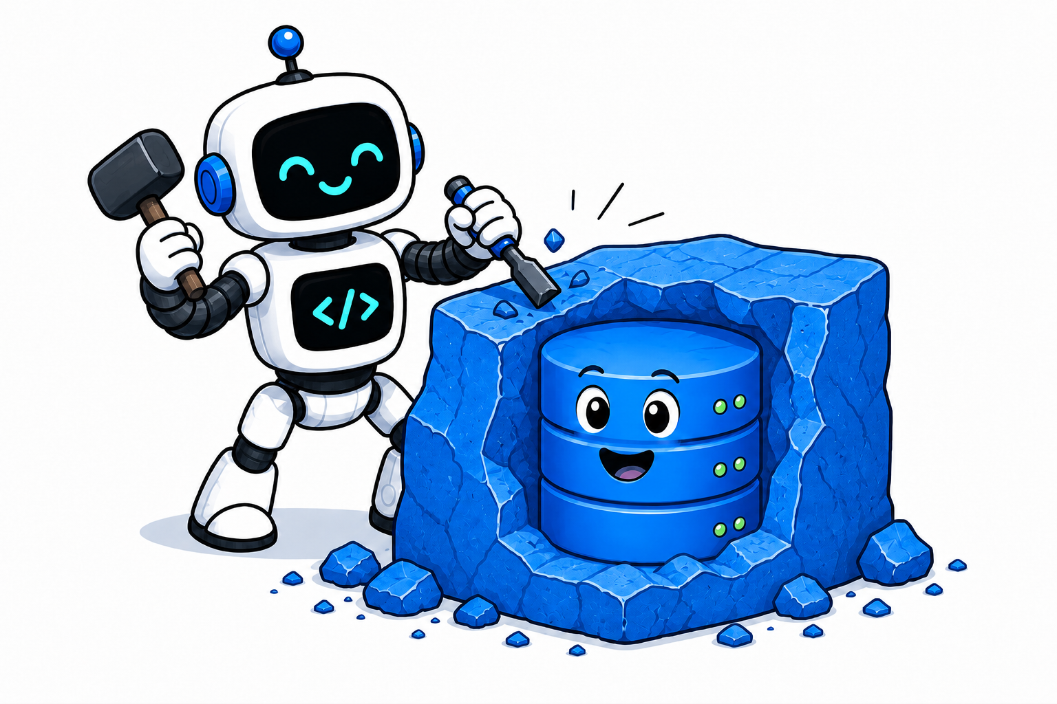 A robot agent with a hammer and chisel carving a database character out of a block of stone