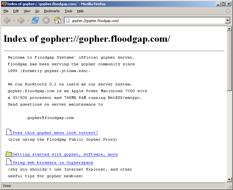 An example Gopher menu displayed in Firefox 1.5