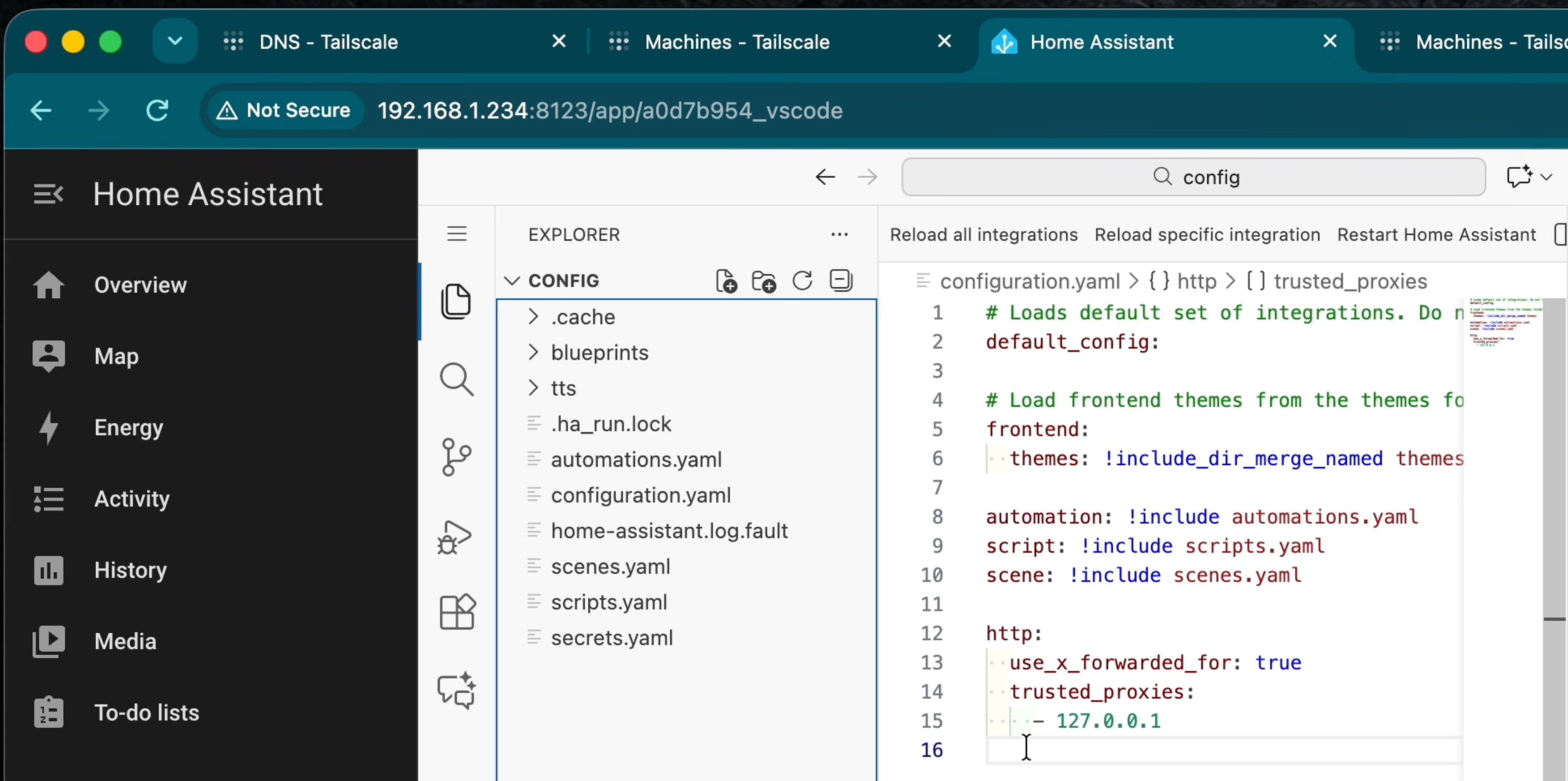 Home Assistant configuration interface showing YAML file editor with CONFIG directory structure including .cache, blueprints, tts folders and configuration files. Right panel displays configuration.yaml code with http settings, trusted_proxies, and integration includes.