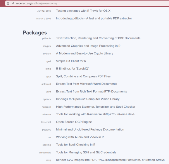Screenshot of Jeroen Ooms' author page on the rOpenSci website, featuring the list of rOpenSci packages that he maintains.