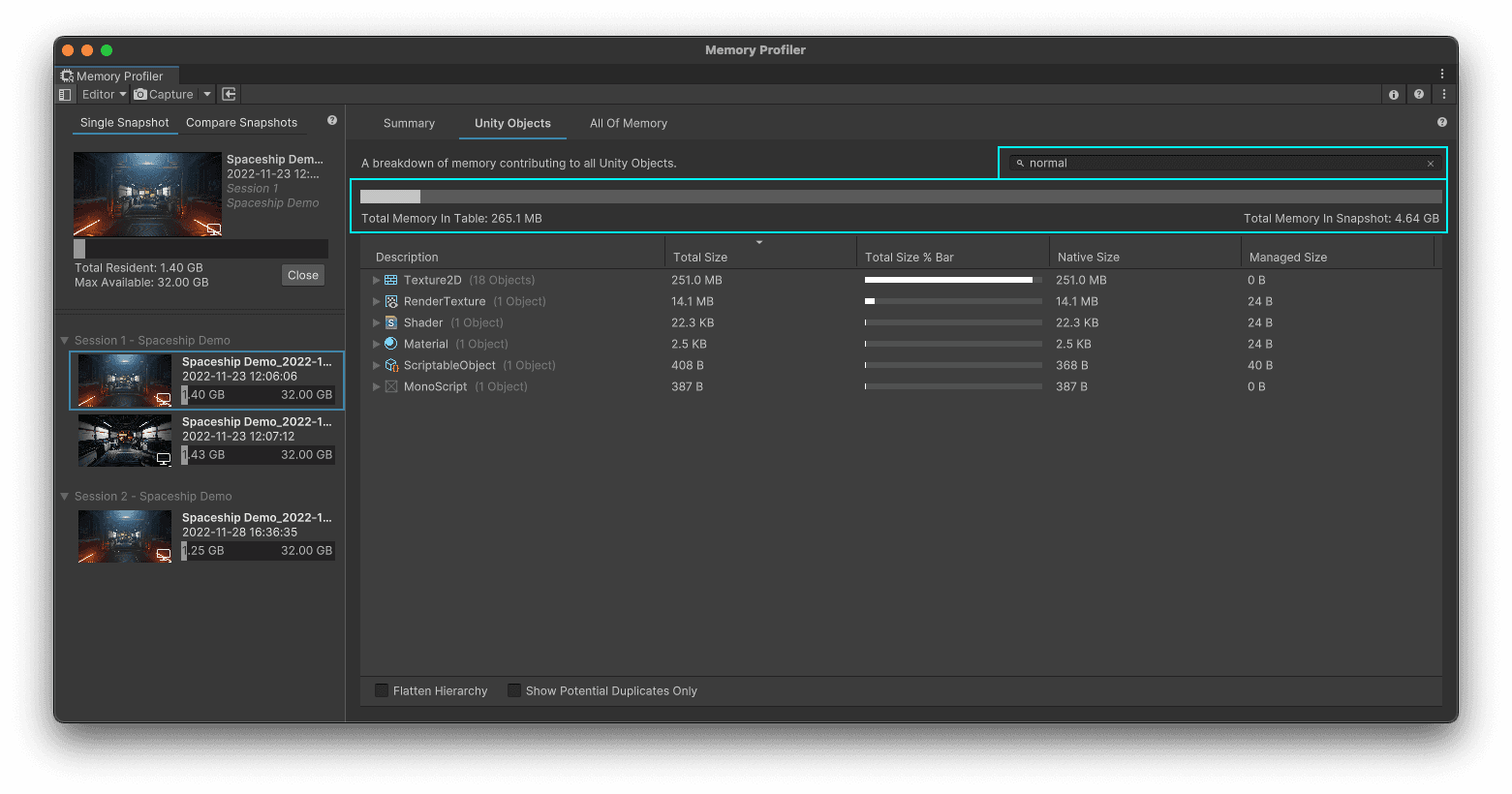 The indicator above the table updates as we filter to reflect the size of the memory currently shown in the table, as a proportion of the total allocated memory.