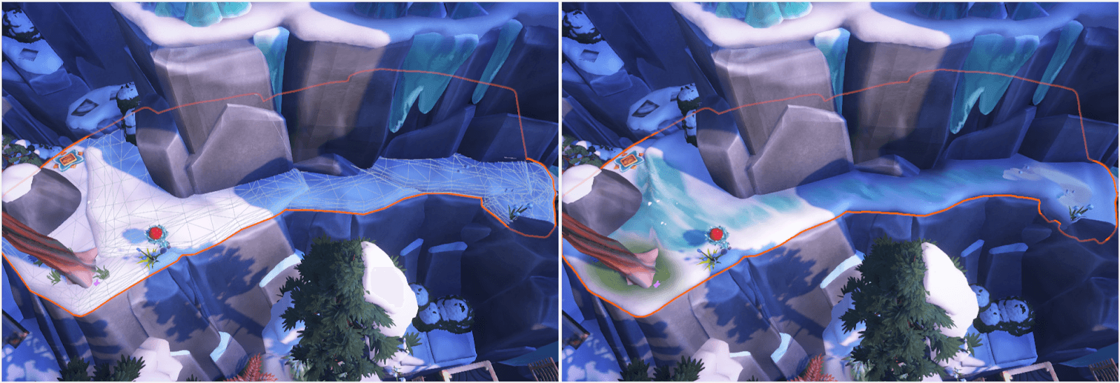Two side-by-side images show how artists build continuous terrain meshes from five separate patches