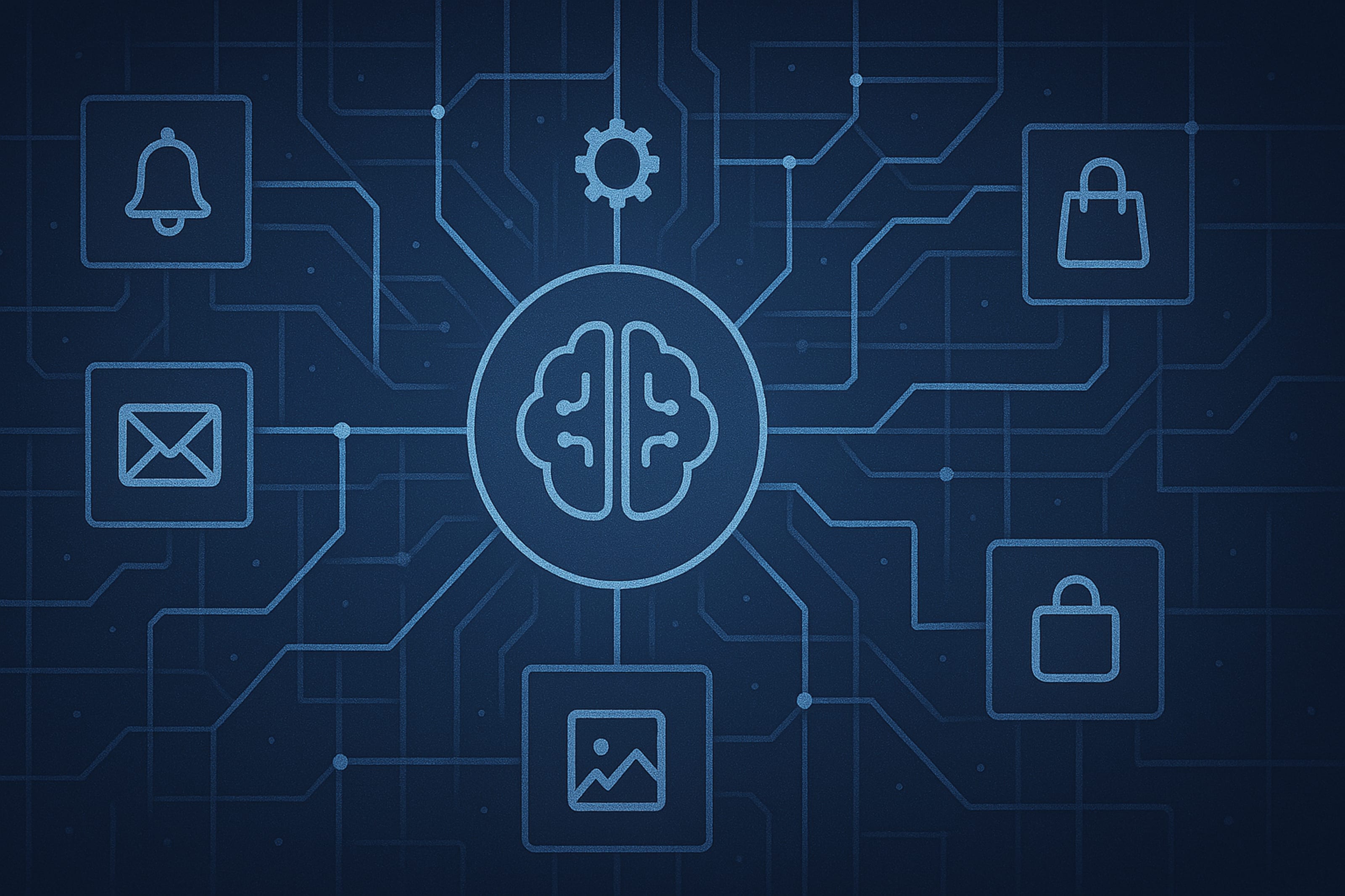 An intricate, glowing digital schematic illustrating the architecture for AI interaction. Show stylized representations of different application services as nodes connected by well-defined, structured, luminous pathways, visualizing the concept of a protocol like MCP enabling reliable communication with a central AI agent core. Style: Sophisticated digital blueprint, abstract tech illustration, focusing on structure and connection, predominantly blue and white glows on a dark background
