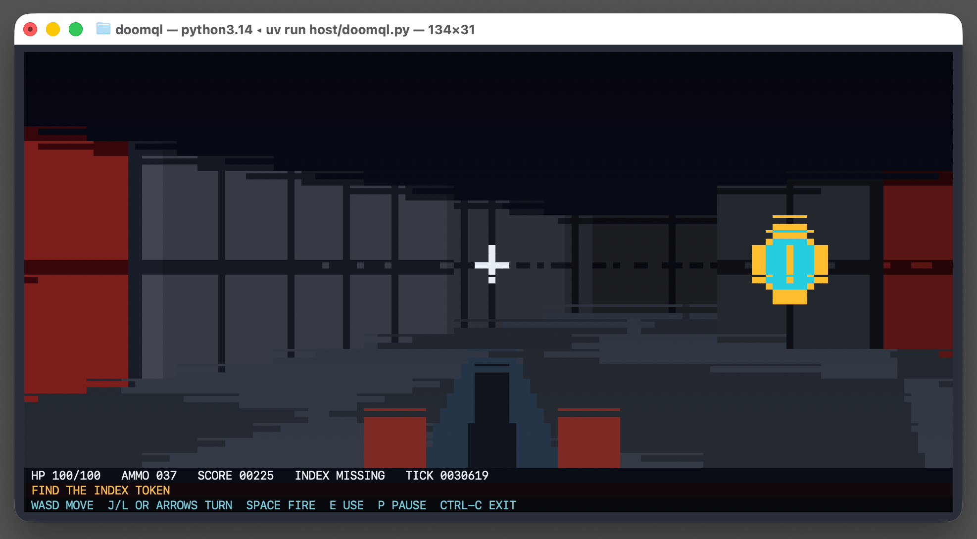 Screenshot of a macOS terminal window titled "doomql — python3.14 ◂ uv run host/doomql.py — 134×31" showing a retro Doom-style game rendered as text-mode pixel art. The scene is a pixelated first-person corridor with gray paneled walls, dark red doors on the far left and right, a floating cyan-and-gold coin pickup on the right side, a white crosshair near the center, and a dark weapon barrel rising from the bottom center. A status bar below the scene reads "HP 100/100 AMMO 037 SCORE 00225 INDEX MISSING TICK 0028450", followed by an orange line "FIND THE INDEX TOKEN" and a cyan controls line "WASD MOVE J/L OR ARROWS TURN SPACE FIRE E USE P PAUSE CTRL-C EXIT".