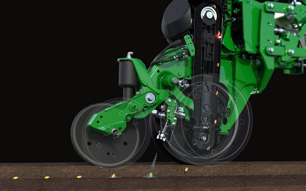 3D rendering of a wheeled spreader deploying drops of fertilizer onto individual seeds underground.