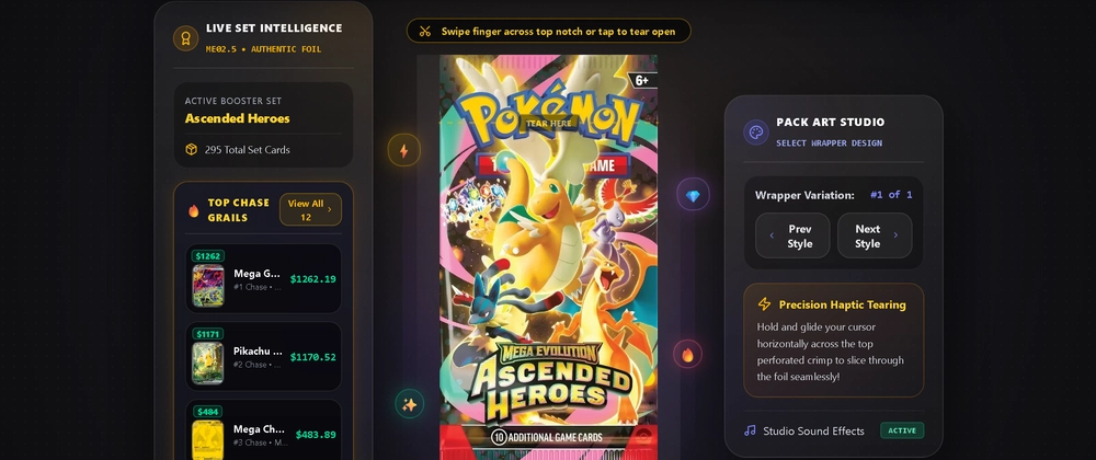 Cover image for Full-stack Pokémon TCG simulator with pack opening, grading, PvP and card auctions