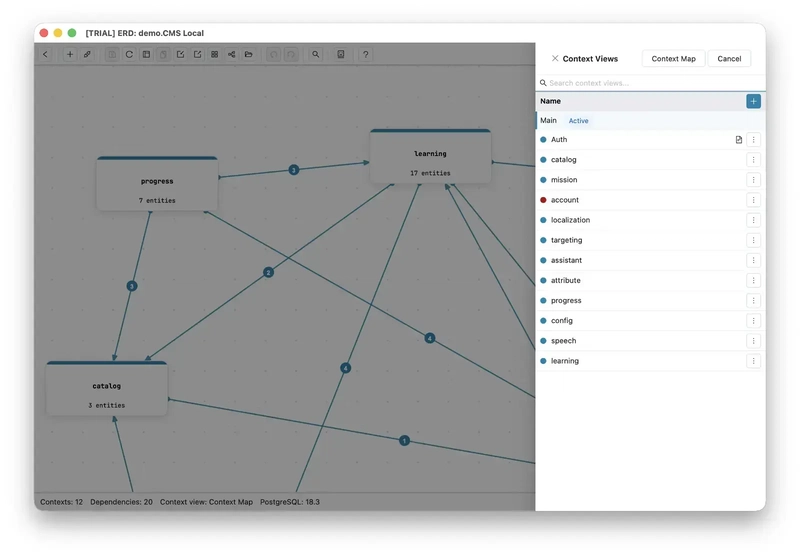 The Context Views panel listing the saved context views in a schema, with the Context Map button in the panel header