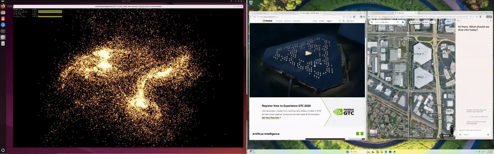 A split-screen view showing two virtual machines running side-by-side: a Linux VM performing an n-body simulation (left) and a Windows 11 VM displaying a web browser and productivity applications (right).