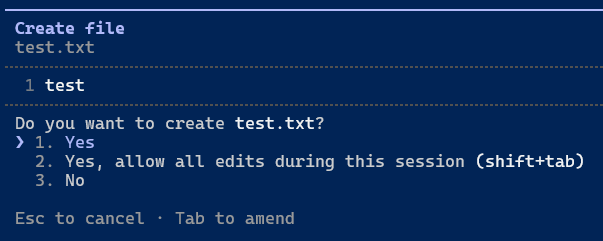 The claude code permissions call, asking "Do you want to create test.txt?"