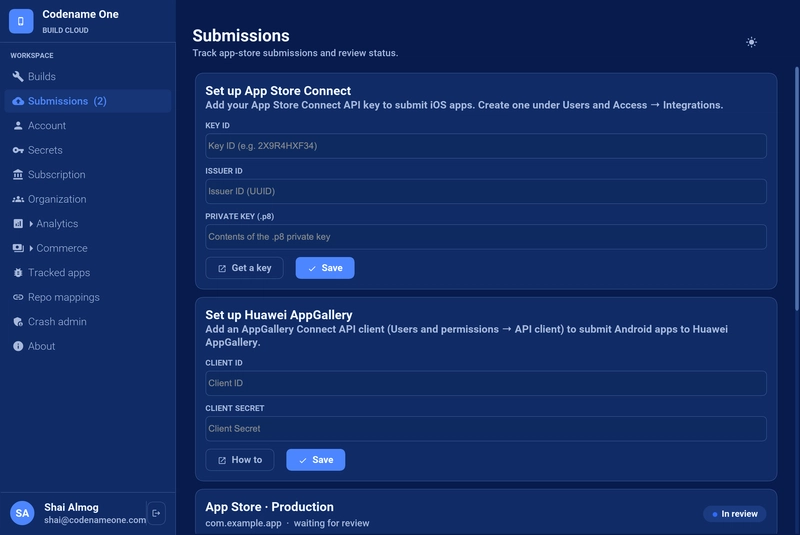 The submission credentials cards in the build console