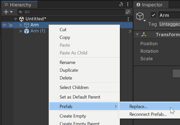 Replace a plain GameObject with a Prefab instance.