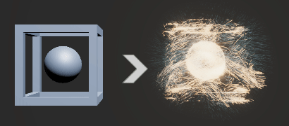 On the left is a blue cube with a blue sphere inside - on the right is a yellow cube that is animated and is almost made of sparks.