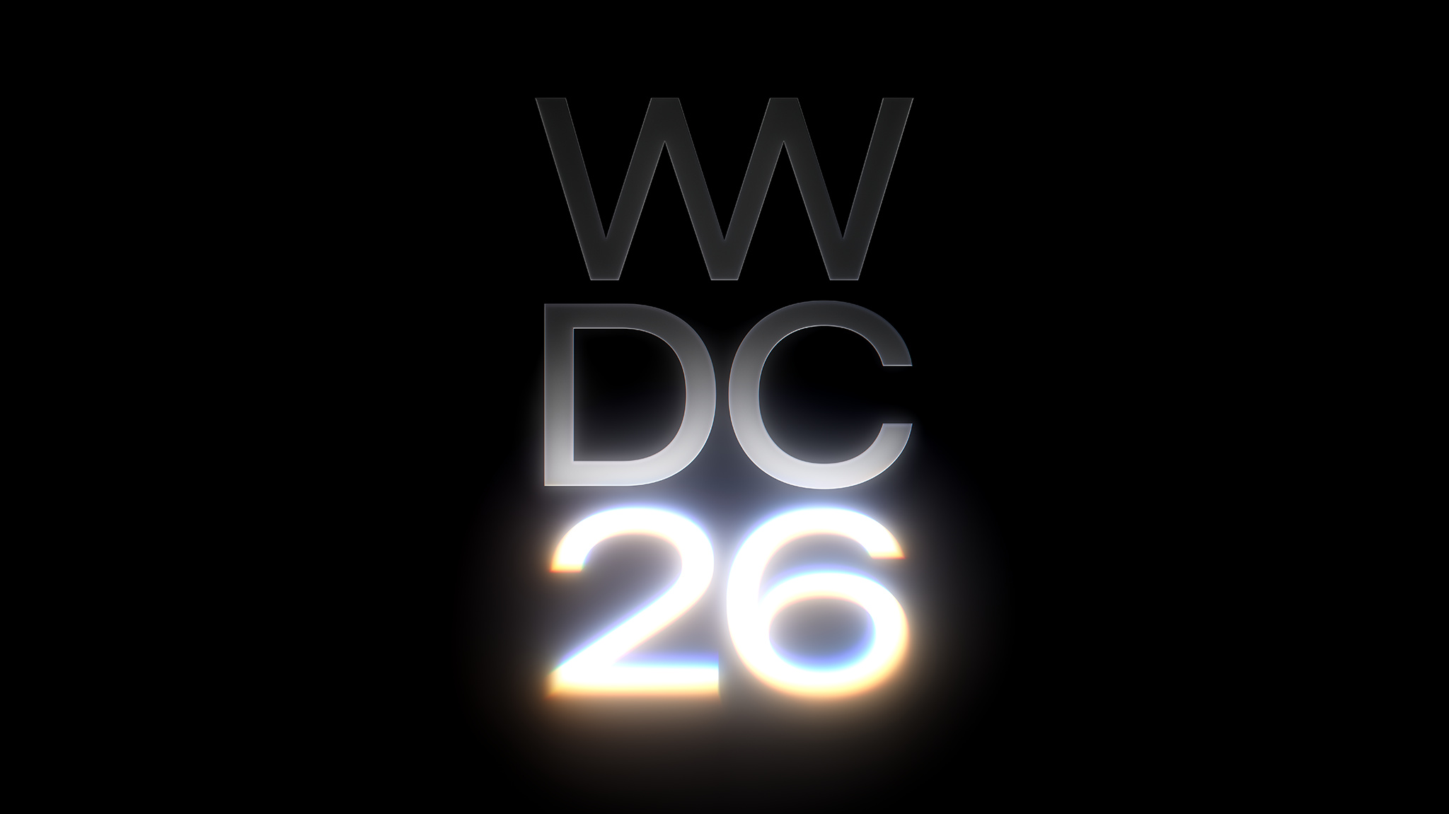 The WWDC26 logo in a gray-to-white gradient against a black background. The first two letters (WW) are in dark gray, the middle two letters (DC) are in a lighter gray, and the final two numbers (26) are glowing white.