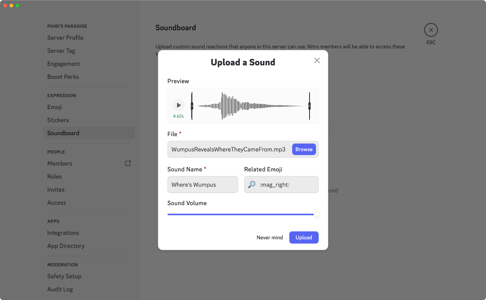 Uploading a sound on the desktop app.