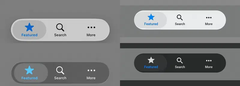 Native and Codename One iOS 26 tab lens animations in light and dark appearance